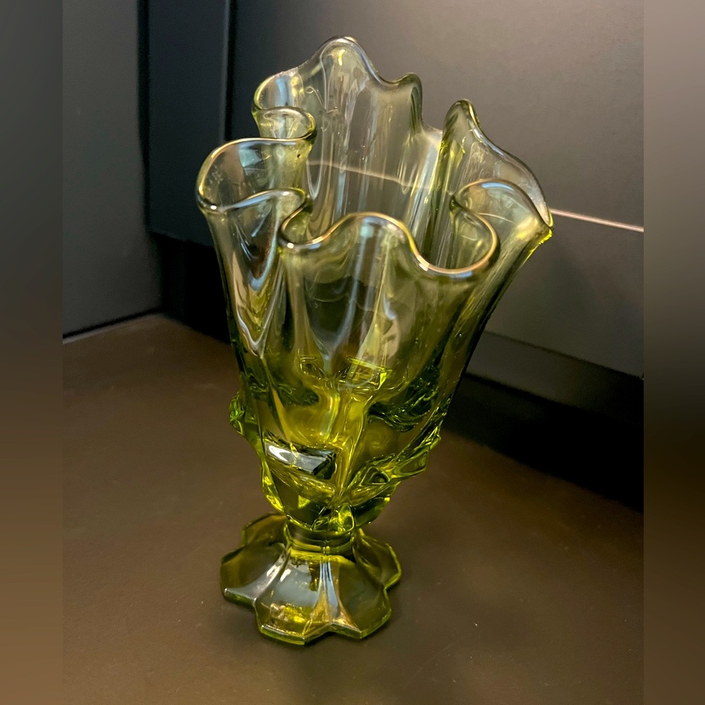 Vintage Fenton Green Glass Swing Vase 7" Tall